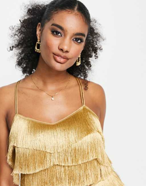 ASOS DESIGN strappy crop top fringe layered detail in gold - part