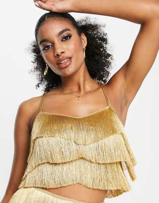 ASOS DESIGN strappy crop top fringe layered detail in gold - part of a set