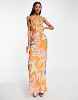 ASOS DESIGN strappy cross front maxi dress with all over swirl print in orange | ASOS