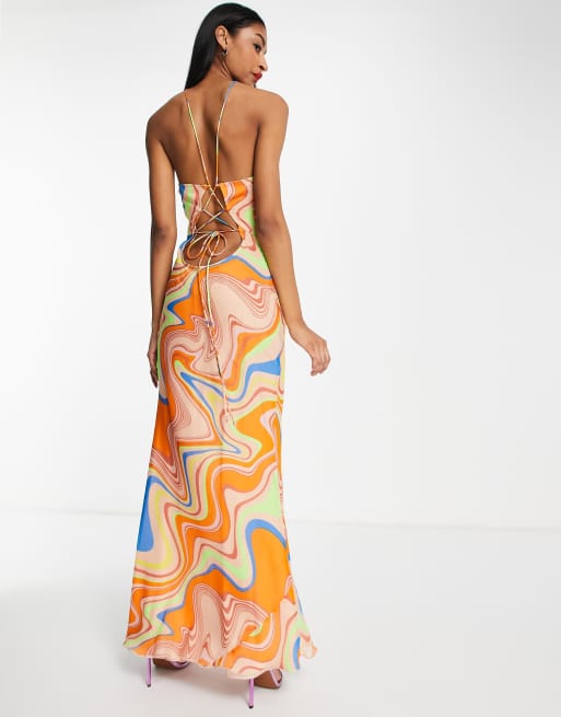 ASOS DESIGN strappy cross front maxi dress with all over swirl