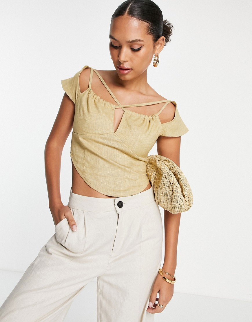 ASOS DESIGN strappy cross neck top with capped sleeve and ruched keyhole detail in sand-Green