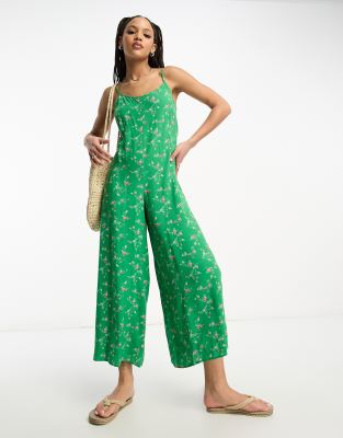 Asos Design Strappy Culotte Jumpsuit In Green Floral Print-multi