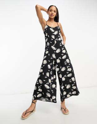 Asos Design Strappy Culotte Jumpsuit In Large Daisy Print-multi