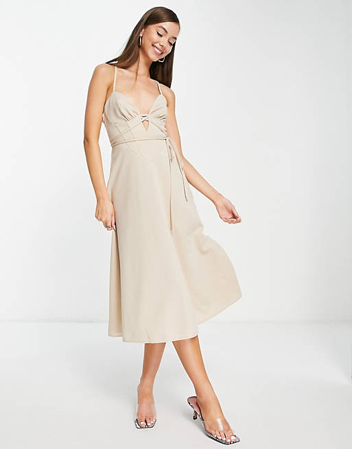 Dresses strappy cupped skater midi dress in natural stone 