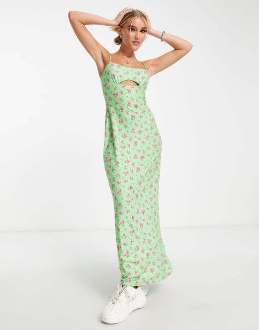 Floral Strappy Tie Front Slit Satin Maxi Dress In Green