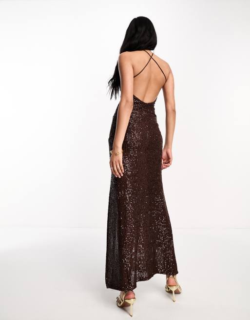 ASOS DESIGN strappy cut out sequin maxi dress in chocolate ASOS