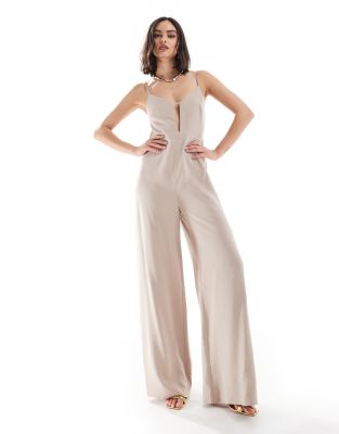 Asos Design Strappy Cut Out Structured Straight Leg Jumpsuit In Taupe-white