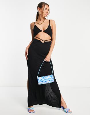 black jersey beach dress ASOS DESIGN jersey halter plunge beach dress with tie back in black