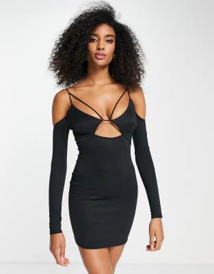 ASOS DESIGN strappy detail long sleeve mini dress in black | ASOS