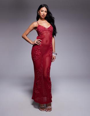 ASOS DESIGN strappy diamante embellished crochet midi dress with embroidered flowers in berry red - view 1