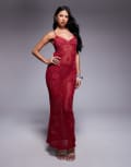[ASOS DESIGN] ASOS DESIGN strappy diamante embellished crochet midi dress with embroidered flowers in berry red 18 Berry