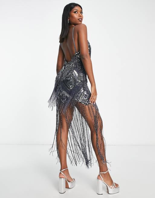 ASOS DESIGN strappy embellished fringe mini dress with beaded fringe in gray