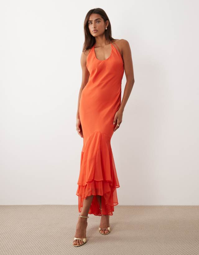 ASOS DESIGN strappy fishtail skirt ruffle maxi dress in red