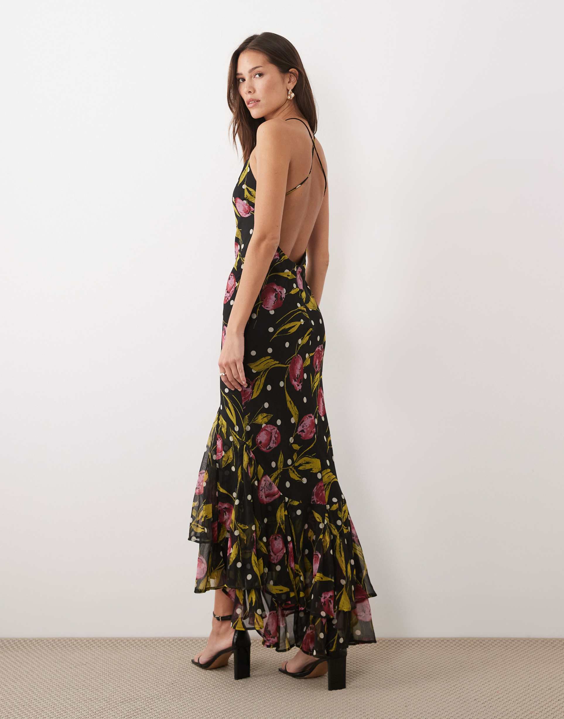 asos design strappy fishtail skirt ruffled maxi dress in dark floral print