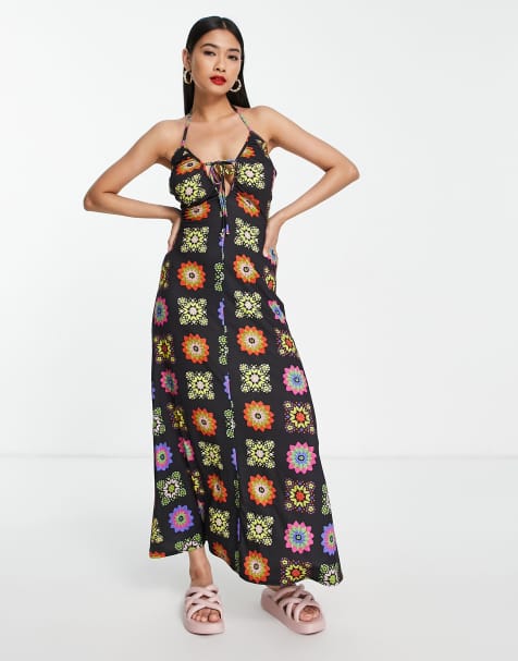 ASOS DESIGN strappy halter maxi dress in black crochet print - view 1