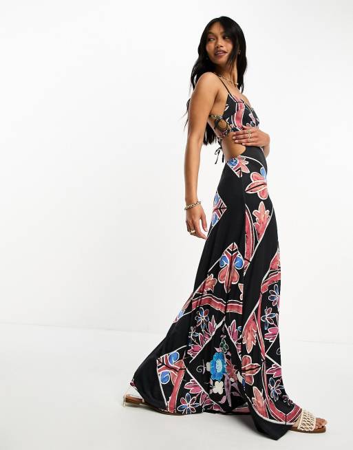 ASOS DESIGN strappy halter maxi dress in tile print