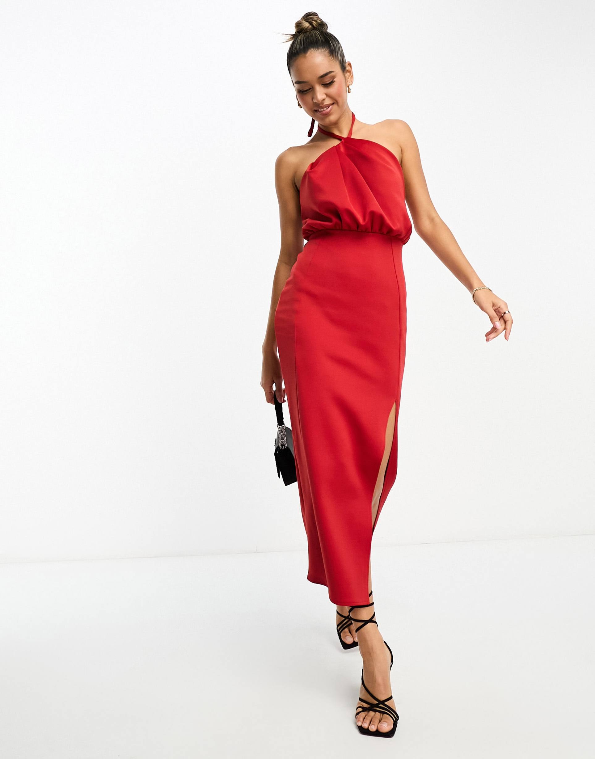 asos design strappy halter pleat detail midi dress in red