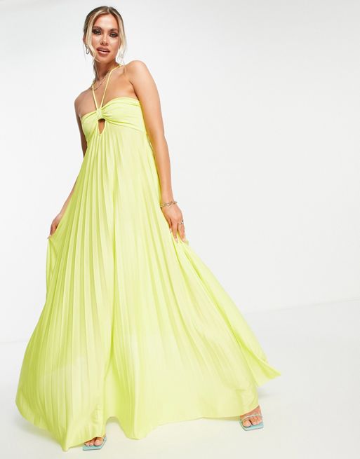 ASOS DESIGN strappy halter twisted pleated maxi dress in lime