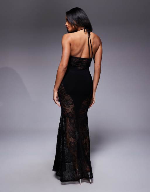 ASOS DESIGN strappy halterneck lace seam fishtail maxi dress in black