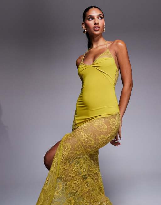 ASOS DESIGN strappy halterneck lace seam fishtail maxi dress in olive