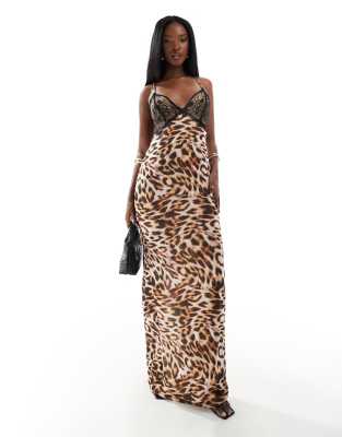 Asos Design Strappy Lace Mix Maxi Dress With Cross Back In Leopard Print-multi