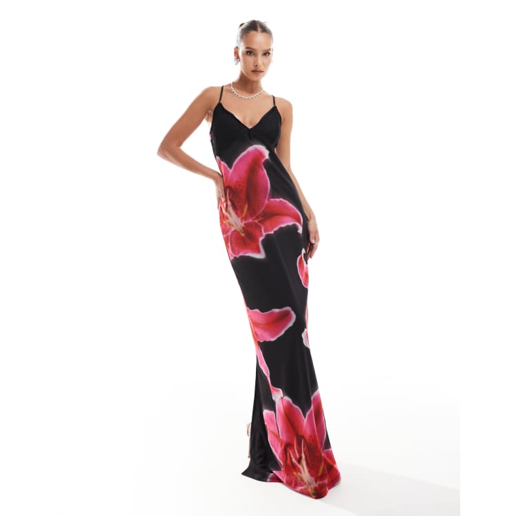 ASOS DESIGN strappy lace mix maxi dress with cross back in oversized floral print ASOS