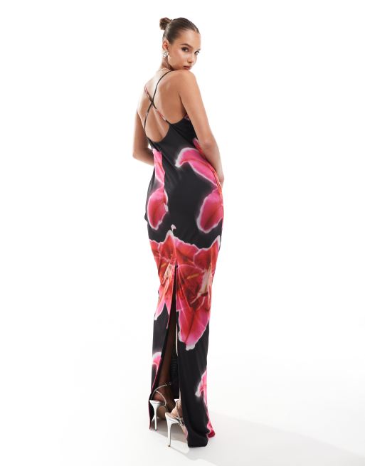 ASOS DESIGN strappy lace mix maxi dress with cross back in oversized floral print, 2 of 4