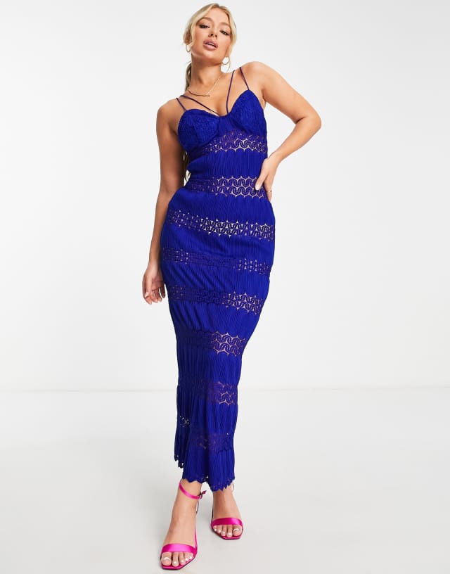 ASOS DESIGN strappy lace paneled maxi dress in rich blue