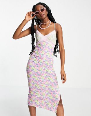 ASOS DESIGN strappy lace trim midi slip dress in mix and match floral | ASOS