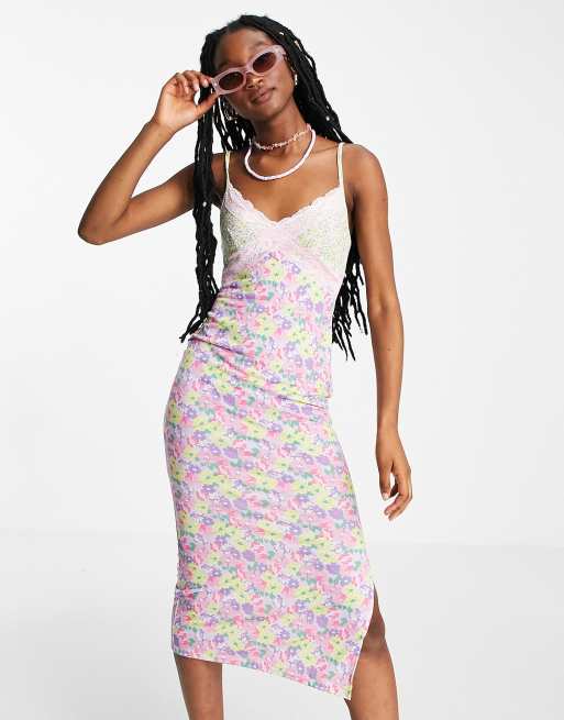 ASOS DESIGN strappy lace trim midi slip dress in mix and match floral