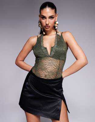 strappy layered lace cami bodysuit in khaki-Green