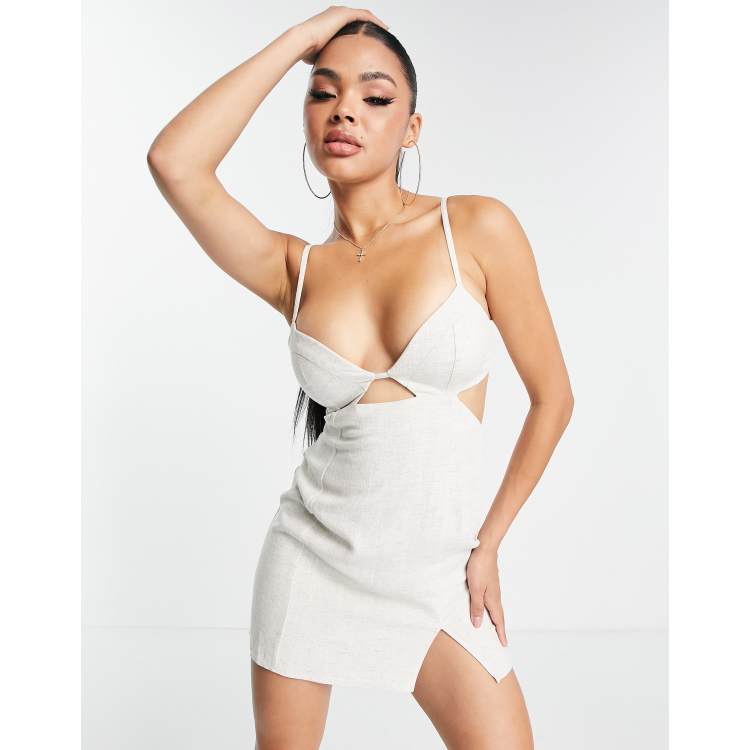 strappy linen mini dress Lemon boohoo Linen Look Ruched Cup Strappy Mini Dress