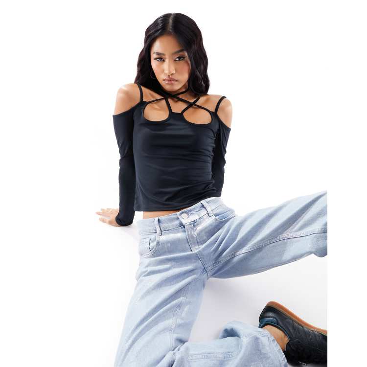 Black Slinky Halterneck Cold Shoulder Long Sleeve Crop Top