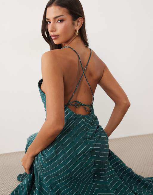 ASOS DESIGN strappy low back maxi dress with godet hem in teal stripe, 3 of 4