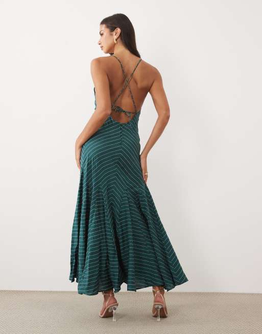 ASOS DESIGN strappy low back maxi dress with godet hem in teal stripe, 4 of 4
