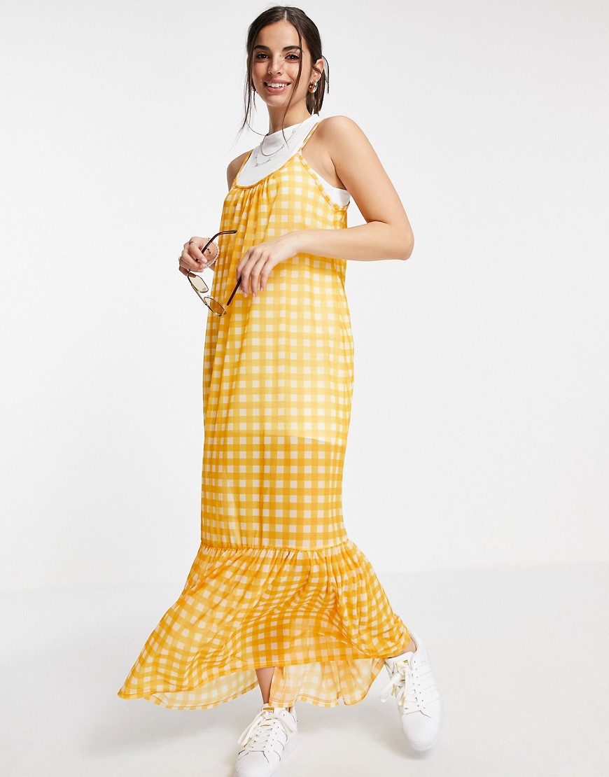 ASOS DESIGN strappy maxi 2 in 1 sundress with pep hem in yellow gingham print