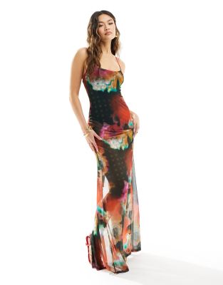 Asos Design Strappy Maxi Dress With Contrast Ties In Blurred Floral Print-multi