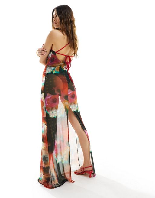 ASOS Dungaree Maxi Dress in Blurred Floral Print, ASOS