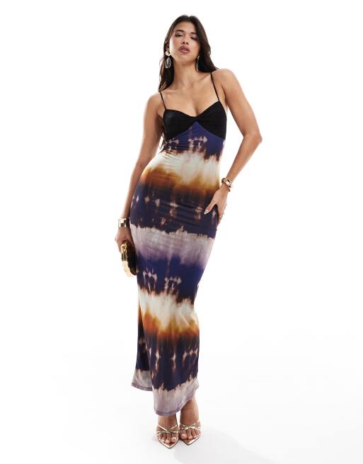 FhyzicsShops DESIGN strappy maxi dress with lace bust in tie dye stripe