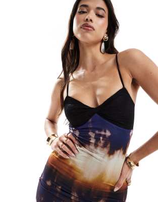 asos tie dye maxi dress ASOS DESIGN cowl neck strap detail maxi dress in green tie dye print