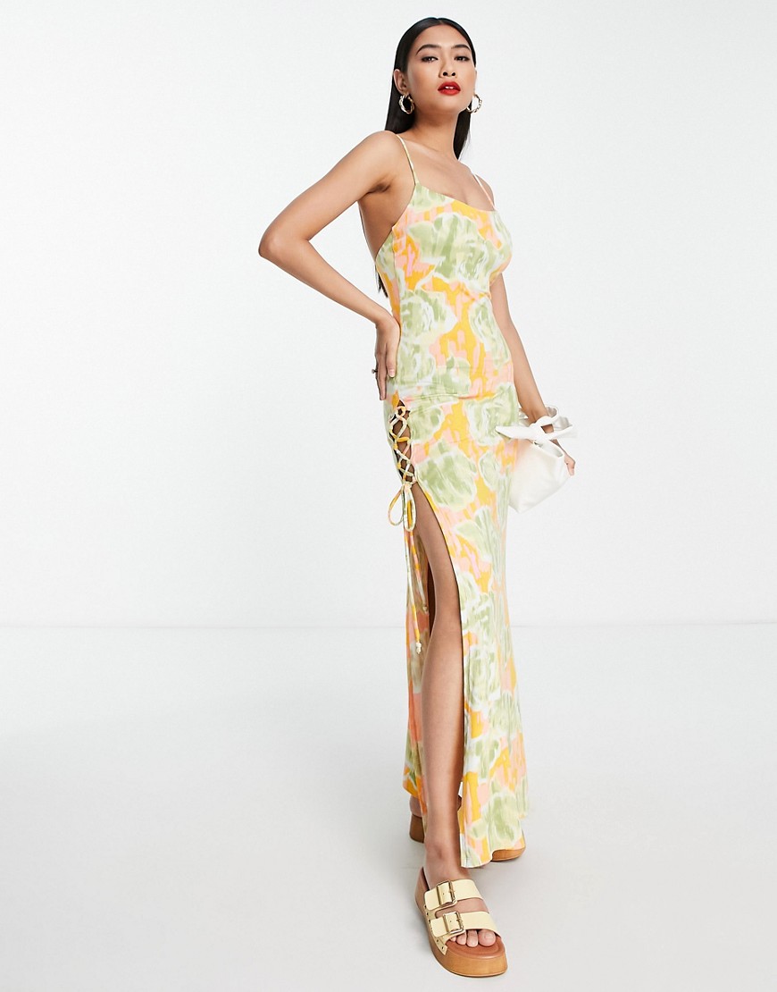 ASOS DESIGN strappy maxi dress with lattice detail in orange blurred floral-Multi
