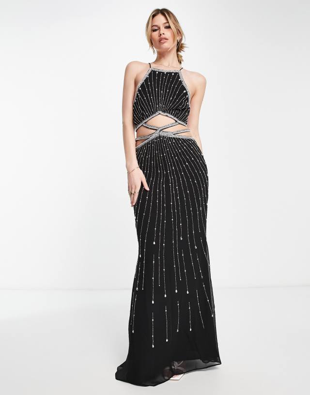 ASOS DESIGN strappy maxi dress with pearl and linear embellishment in black