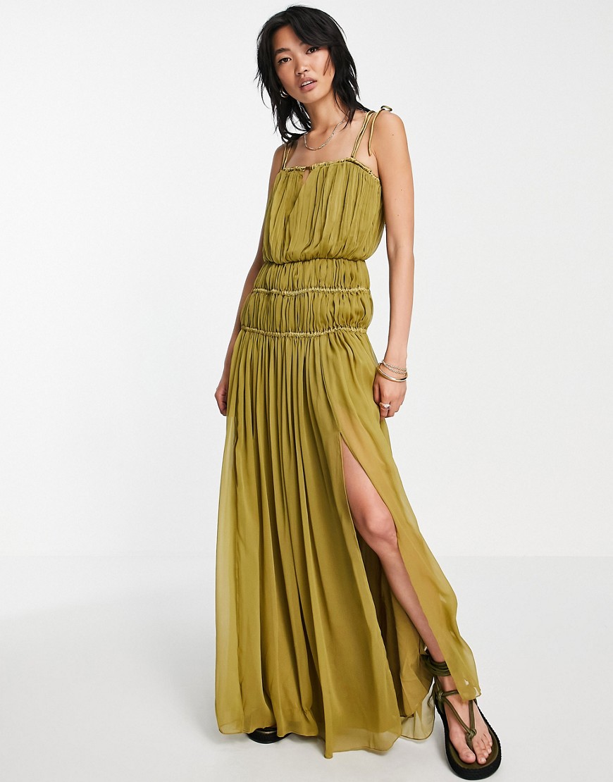 ASOS DESIGN strappy maxi dress with ruched channel detail and tie straps-Multi