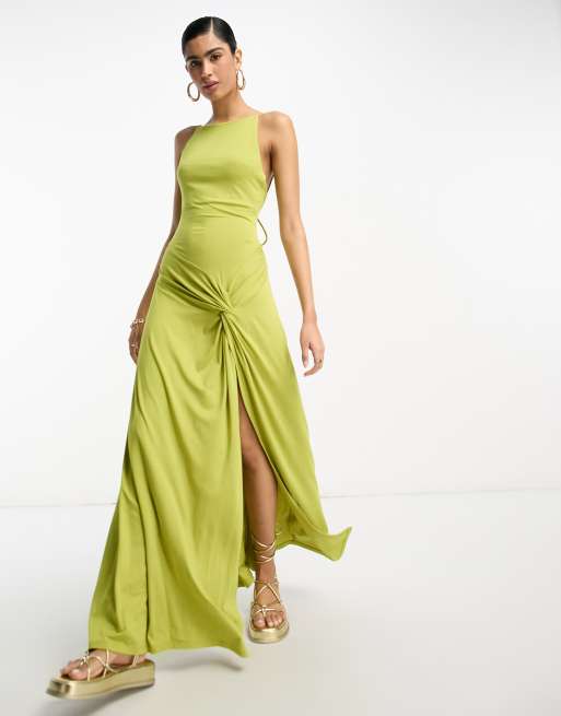 ASOS DESIGN strappy maxi dress with twist detail in chartreuse