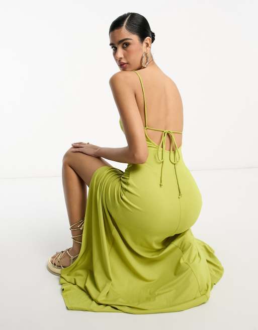 ASOS DESIGN sleeveless high neck maxi dress with ruched skirt in khaki