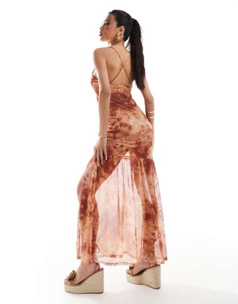 ASOS DESIGN strappy mesh boho maxi dress with gathering hem and side split in marble print - view 1