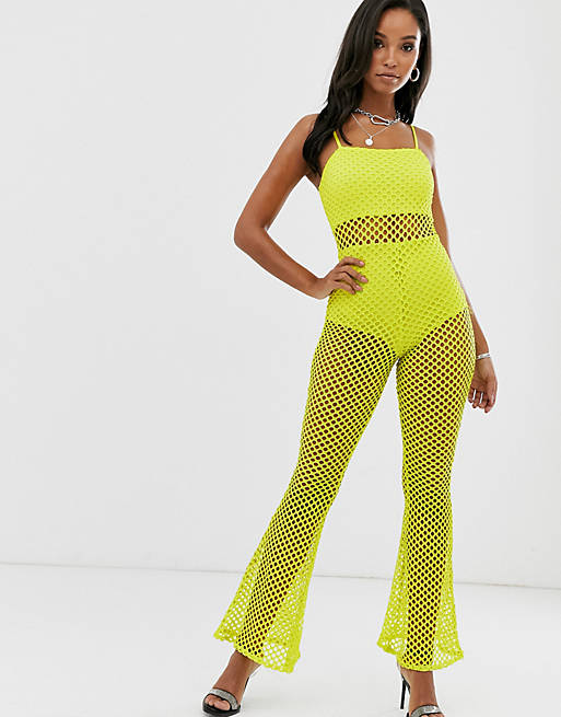 ASOS DESIGN strappy mesh fish net jumpsuit with flare | ASOS