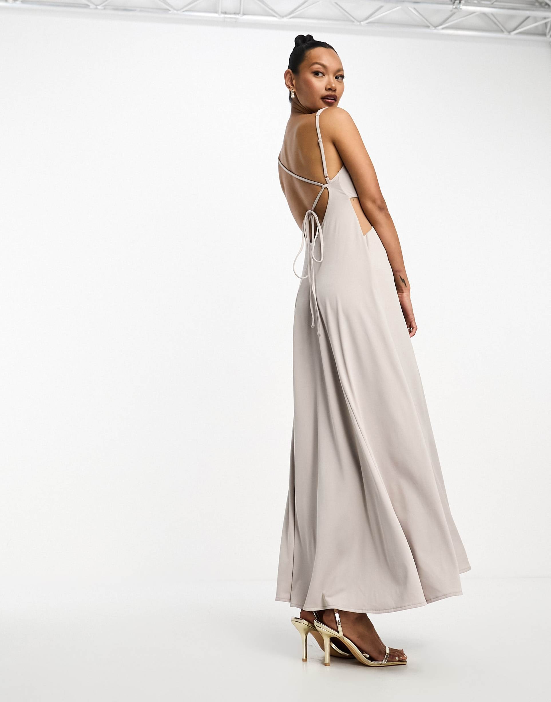 asos design strappy mesh insert cut out maxi dress in stone