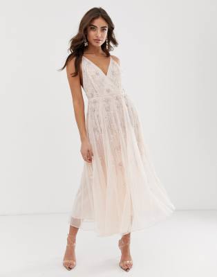 asos design strappy midi dress in delicate floral embellishment