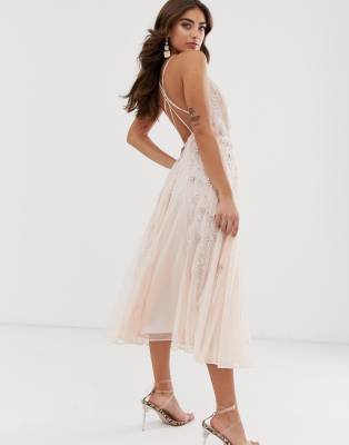 asos design strappy midi dress in delicate floral embellishment